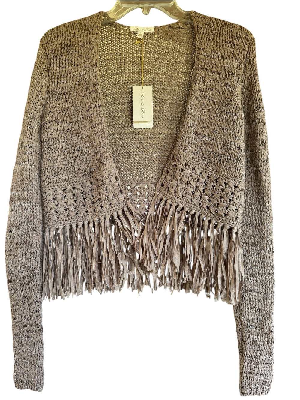 Minnie Rose Women S Cropped Open Knit Cardigan Sweater Taupe Boho Fringe NWT
